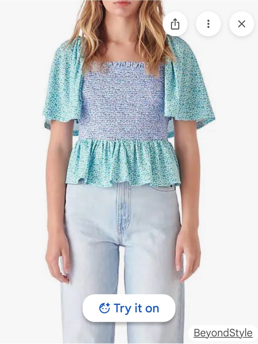 Free the Roses Aqua Floral Smocked Peplum Tank with Flutter Sleeves